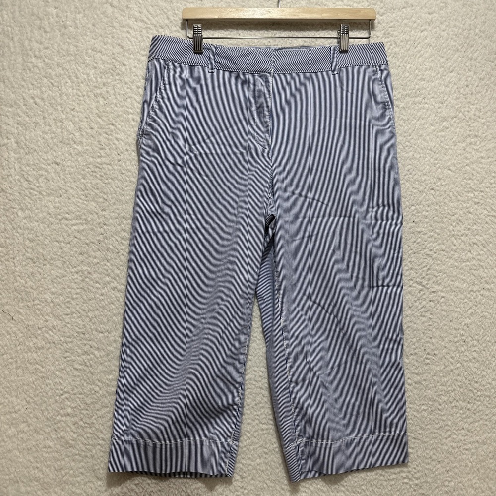 Talbots Women's Wide Crop Pants Size 12p Blue White Striped Cotton Stretch
